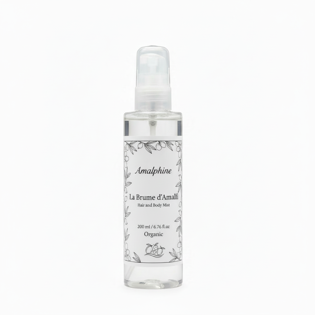 Amalphine hair and body mist bottle on a white background