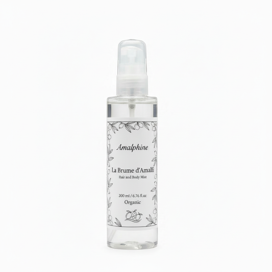Amalphine hair and body mist bottle on a white background