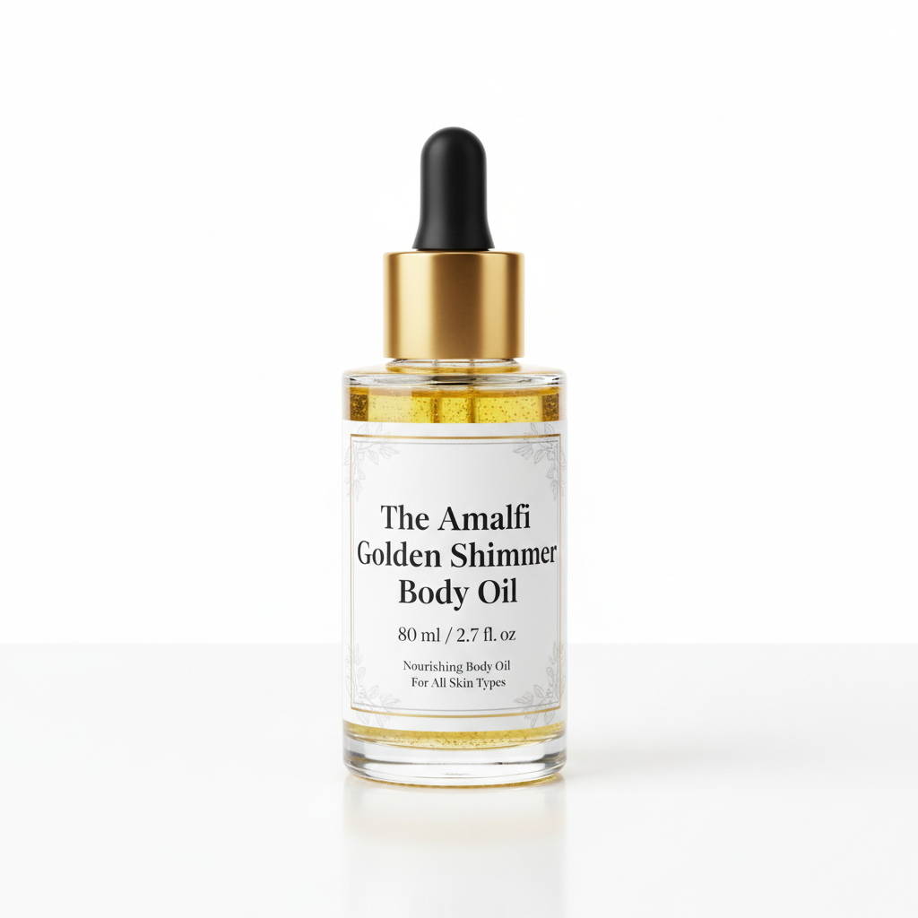 Amalfi Golden Shimmer Body Oil bottle black and golden dopper by Amalphine