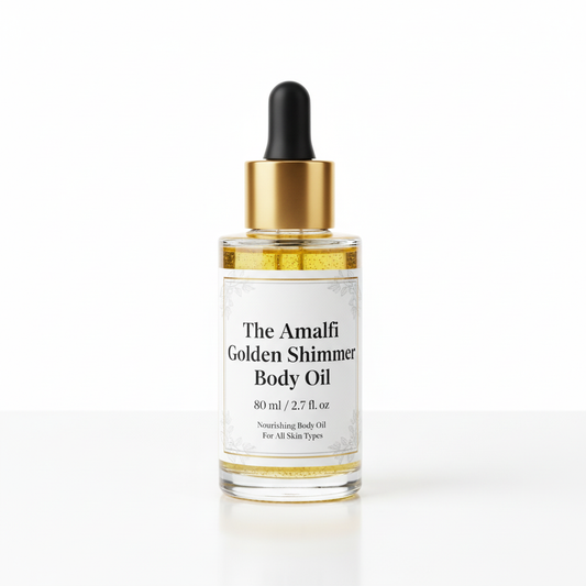 Amalfi Golden Shimmer Body Oil bottle black and golden dopper by Amalphine